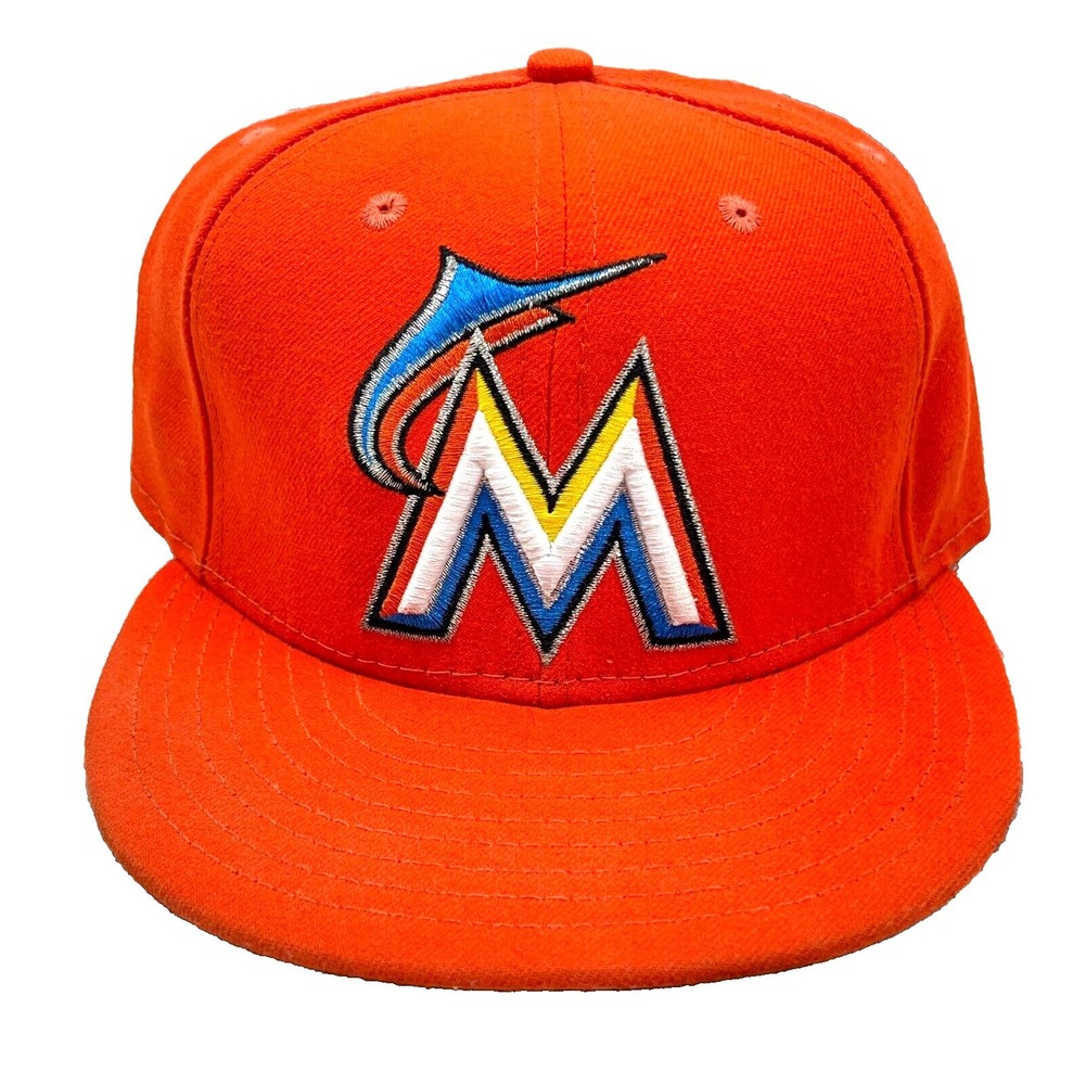 Miami Marlins Hat Cap Fitted 7 1/2‎ Orange Plain Logo 59Fifty Flat Bill Adult *
